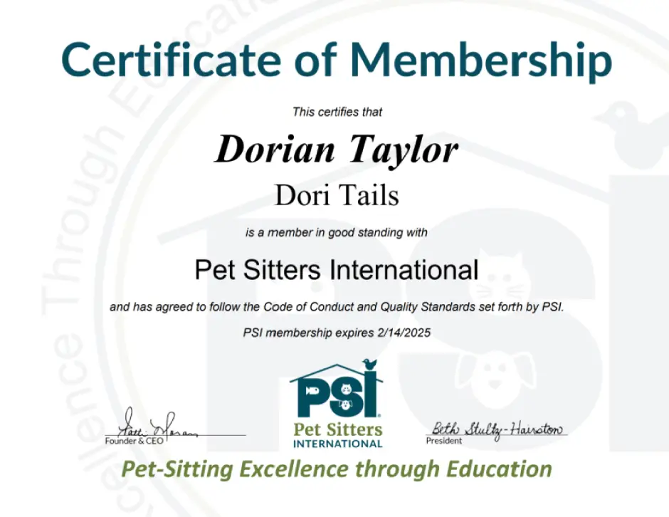 Pet Sitters International membership certificate - Dorian Taylor