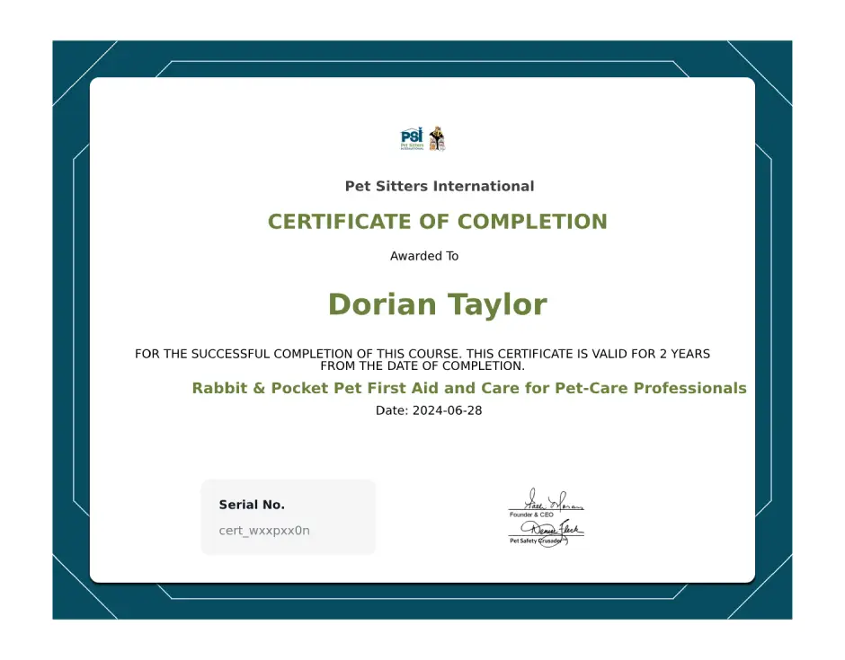 Rabbit & Pocket Pet First Aid and Care certificate - Dorian Taylor