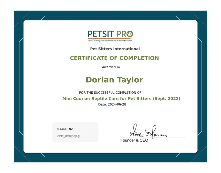 Reptile Care certificate - Dorian Taylor