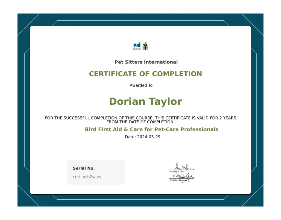 Bird First Aid and Care certificate - Dorian Taylor