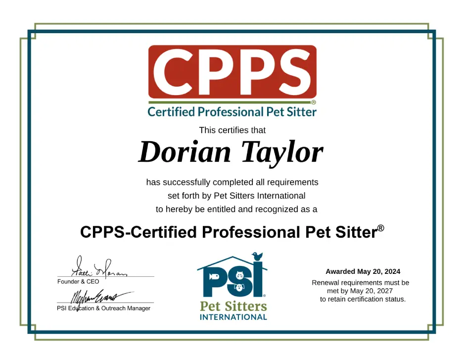 Certified Professional Pet Sitter (CPPS) certificate - Dorian Taylor