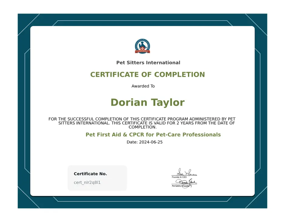 Pet First Aid and CPCR certificate - Dorian Taylor