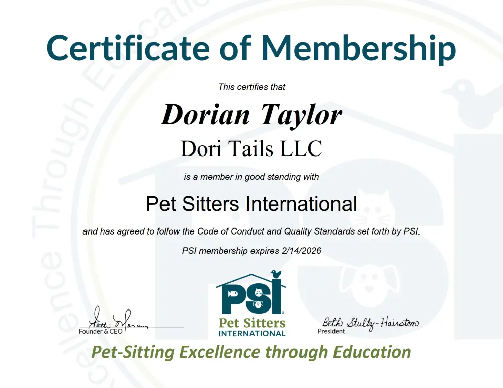 Pet Sitters International membership certificate - Dorian Taylor