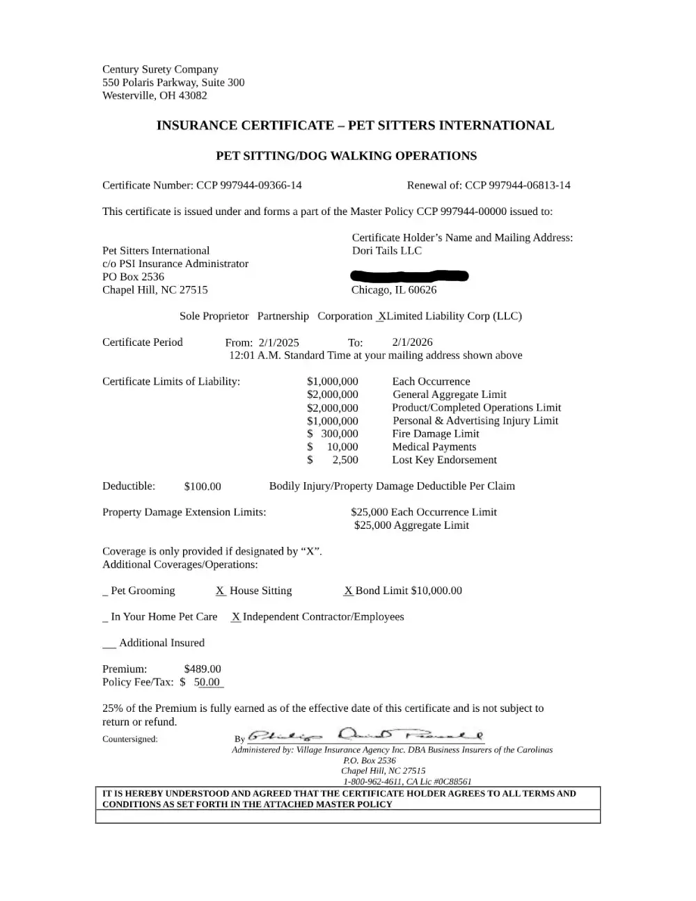 Business Insurers of the Carolinas/Century- Certificate of Insurance