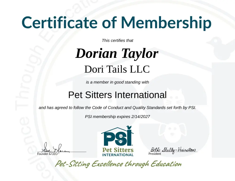 Pet Sitters International membership certificate 2026-2027 - Dorian Taylor, Dori Tails LLC